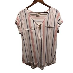 Flower & Feather XL White Pink Blue Striped V-Neck Women’s Top S/S Cuffed Zips